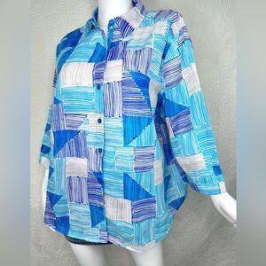Chico's 3 Patchwork Print Blue & Aqua Geometric Button-Front Shirt